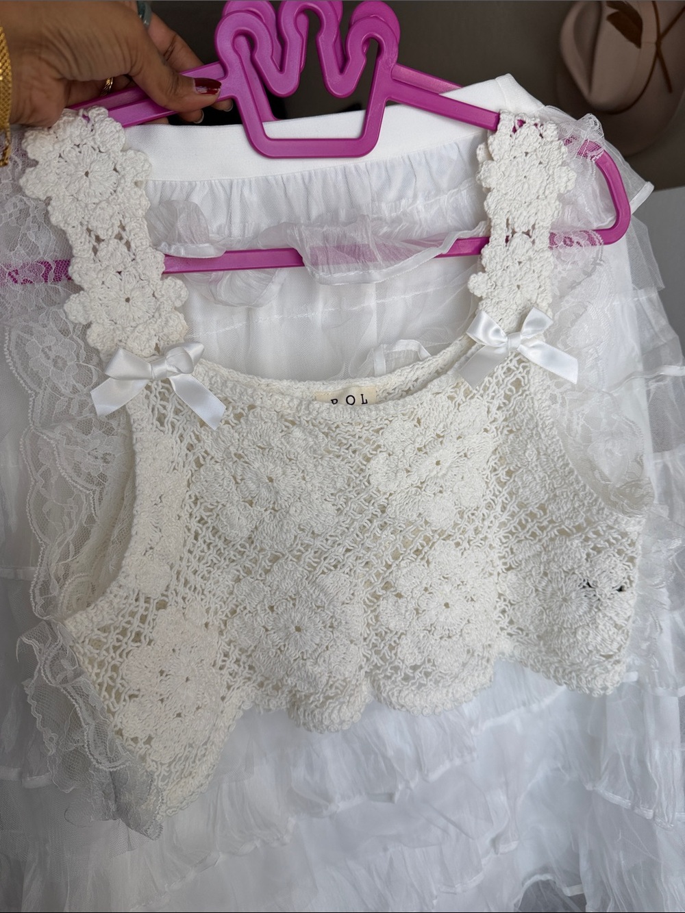 POL Crochet Floral Crop Top in Cream with Bow Straps